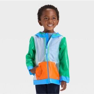 NWT Cat and Jack Colorblock Kids' Hooded Rain Jacket - Green, Blue & Orange